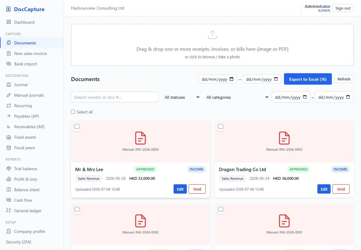 Document capture — drag and drop receipts, AI-extracted details on cards
