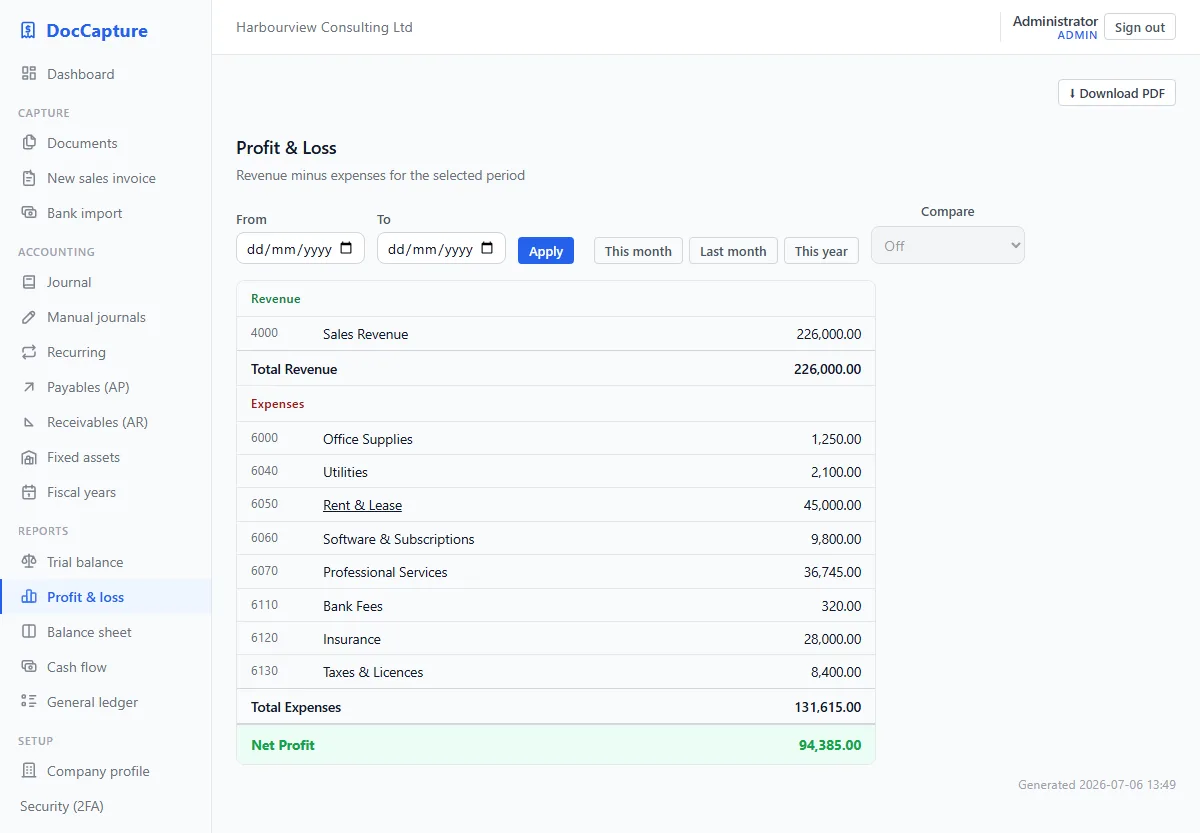 Profit and loss statement with download-PDF button